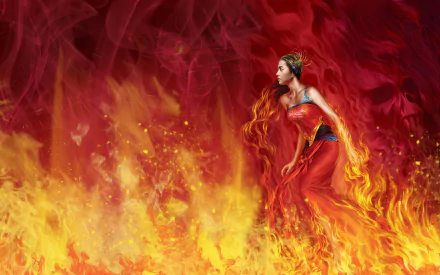 A fantasy woman stands amidst vibrant flames, her flowing red dress blending with the fiery background. This captivating image serves as an HD PC desktop wallpaper.