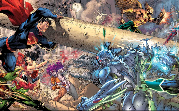 A dynamic 4K Ultra HD wallpaper featuring iconic superheroes Aquaman, Wonder Woman, Superman, and Flash in an intense battle scene from the Trinity War comic series.