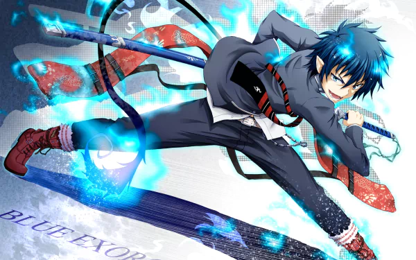 Anime character Rin Okumura from Blue Exorcist, with blue hair and blue eyes, wielding the katana Kurikara amid blue flames. HD wallpaper and background featuring dynamic action and vibrant colors.