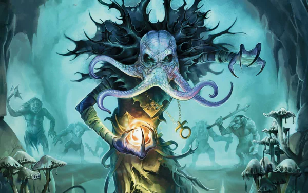 Fantasy-themed HD Dungeons & Dragons desktop wallpaper featuring a monstrous, tentacled creature casting a glowing spell in a dark, eerie forest with shadowy figures in the background.