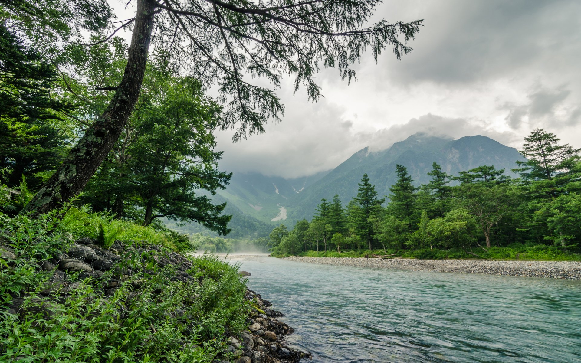 HD desktop wallpaper featuring a serene river flowing through lush greenery with misty mountains in the background, capturing the tranquility of nature.