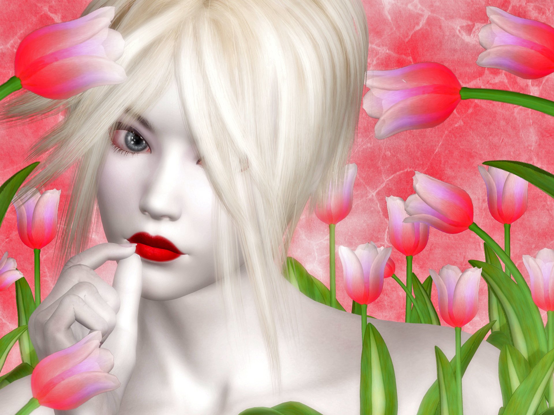 HD desktop wallpaper featuring a fantasy-themed image of a woman with white hair and vibrant red lips surrounded by pink tulips.