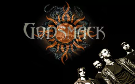 HD PC desktop wallpaper featuring the Godsmack band members with a fiery sun logo and the band's name in bold, dark rock-themed design.