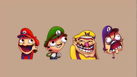 HD desktop wallpaper featuring iconic video game characters Mario, Luigi, Wario, and Waluigi, all showcasing their unique and playful expressions against a simple background.