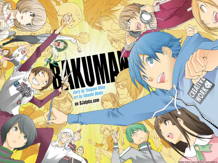 HD PC desktop wallpaper featuring vibrant characters from the anime Bakuman in dynamic poses, highlighting the series' energetic and creative spirit.