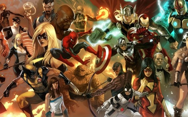 Comics The Avengers Ms. Marvel Spider-Man Iron Fist Hawkeye Black Widow Thor Iron Man Nova Moon Knight Valkyrie Captain America Doctor Doom Loki Wolverine Thing Doctor Strange Spider-Woman Beast War Machine Ant-Man Vision Hulkling Kate Bishop Speed Wiccan HD Wallpaper | Background Image