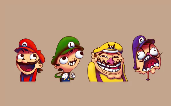 HD desktop wallpaper featuring iconic video game characters Mario, Luigi, Wario, and Waluigi, all showcasing their unique and playful expressions against a simple background.