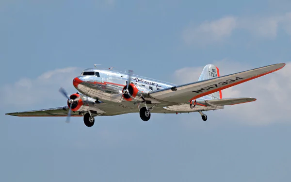 HD PC desktop wallpaper of a vintage Douglas DC-3 aircraft flying against a clear blue sky.