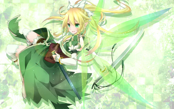 Suguha Kirigaya from Sword Art Online is depicted in a vibrant, green-themed HD wallpaper, showcasing her elegant outfit and sword against a soft, textured background.