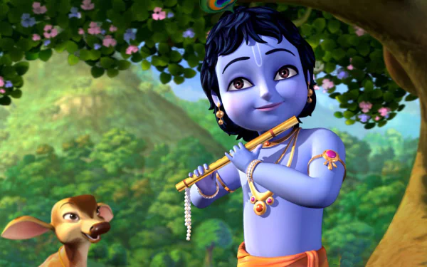 A vibrant HD wallpaper featuring Little Krishna, a charming blue-skinned figure playing a flute under a lush tree, accompanied by a gentle deer in a serene landscape.