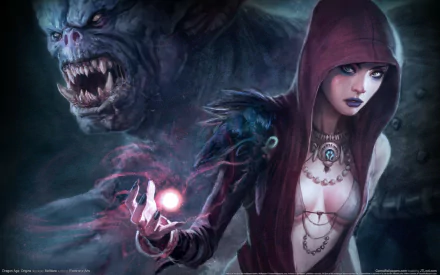 HD PC desktop wallpaper featuring a dark witch casting a spell with a menacing creature behind her from the video game Dragon Age: Origins.