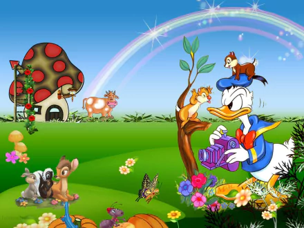HD Disney desktop wallpaper featuring Donald Duck with a camera in a colorful meadow, surrounded by animals and a mushroom house, with a rainbow in the background.