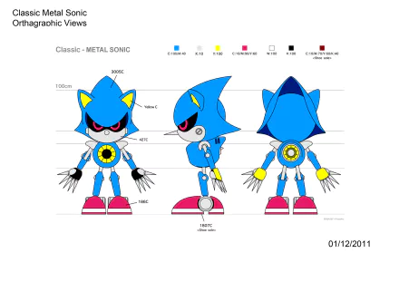 HD desktop wallpaper featuring orthographic views of Metal Sonic from Sonic CD, with front, side, and back profiles.