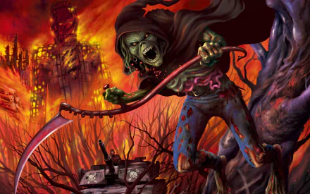 HD PC desktop wallpaper featuring Iron Maiden's iconic menacing figure wielding a scythe against a fiery, apocalyptic background, capturing the band's dark music theme.