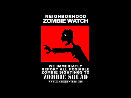 Dark 5K Ultra HD PC desktop wallpaper: red-and-black Neighborhood Zombie Watch poster featuring a silhouetted reaching zombie and text about reporting sightings to Zombie Squad.