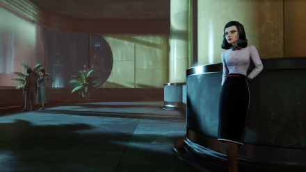 HD PC desktop wallpaper from the video game BioShock Infinite: Burial at Sea, featuring a woman standing in a dimly lit, art deco interior with two figures in the background.