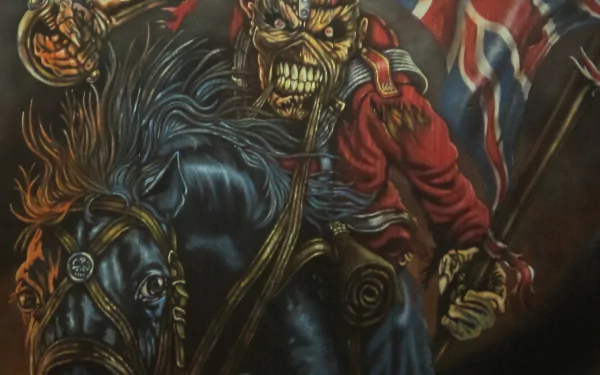 HD PC desktop wallpaper featuring Iron Maiden's iconic mascot, Eddie, brandishing a sword while riding a horse against a dark, intense background.