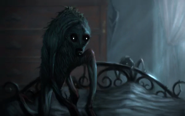 Shadowy, gaunt creature with glowing eyes crouches on a bed in a dim room — movie Don't Be Afraid of the Dark, 4K Ultra HD PC desktop wallpaper/background.