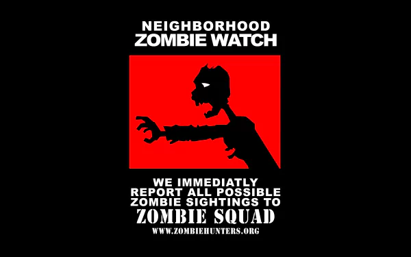 Dark 5K Ultra HD PC desktop wallpaper: red-and-black Neighborhood Zombie Watch poster featuring a silhouetted reaching zombie and text about reporting sightings to Zombie Squad.