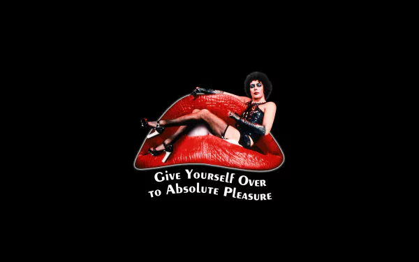 4K Ultra HD desktop wallpaper featuring the iconic lips and character from the movie The Rocky Horror Picture Show with the phrase Give Yourself Over to Absolute Pleasure.