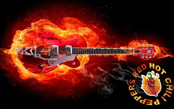 A striking HD wallpaper featuring a guitar surrounded by vibrant flames, accompanied by the iconic Red Hot Chili Peppers logo, embodies the spirit of music and energy.
