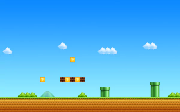 A vibrant HD desktop wallpaper featuring a classic Super Mario Bros. scene, with green pipes, floating blocks, and a bright blue sky accented by fluffy clouds.