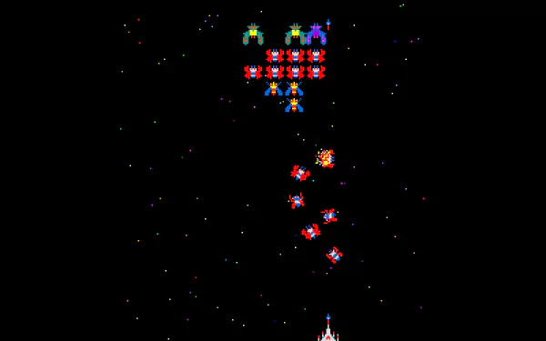 HD PC desktop wallpaper and background featuring Galaga video game action: pixel starfield with the player ship at bottom firing upward at rows of colorful alien invaders.