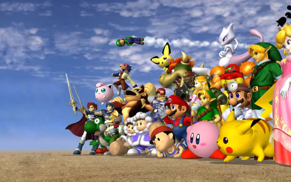 HD PC desktop wallpaper collage featuring iconic video game characters gathered together under a bright blue sky.