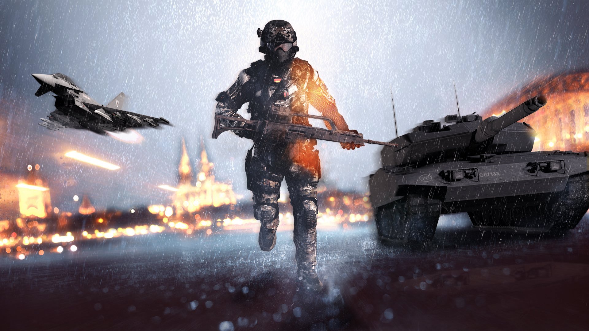 HD PC desktop wallpaper featuring a soldier armed with a Heckler & Koch G36, a Leopard 2 tank, and a Eurofighter Typhoon jet in a Battle of Duty and Battlefield 4 video game scene.