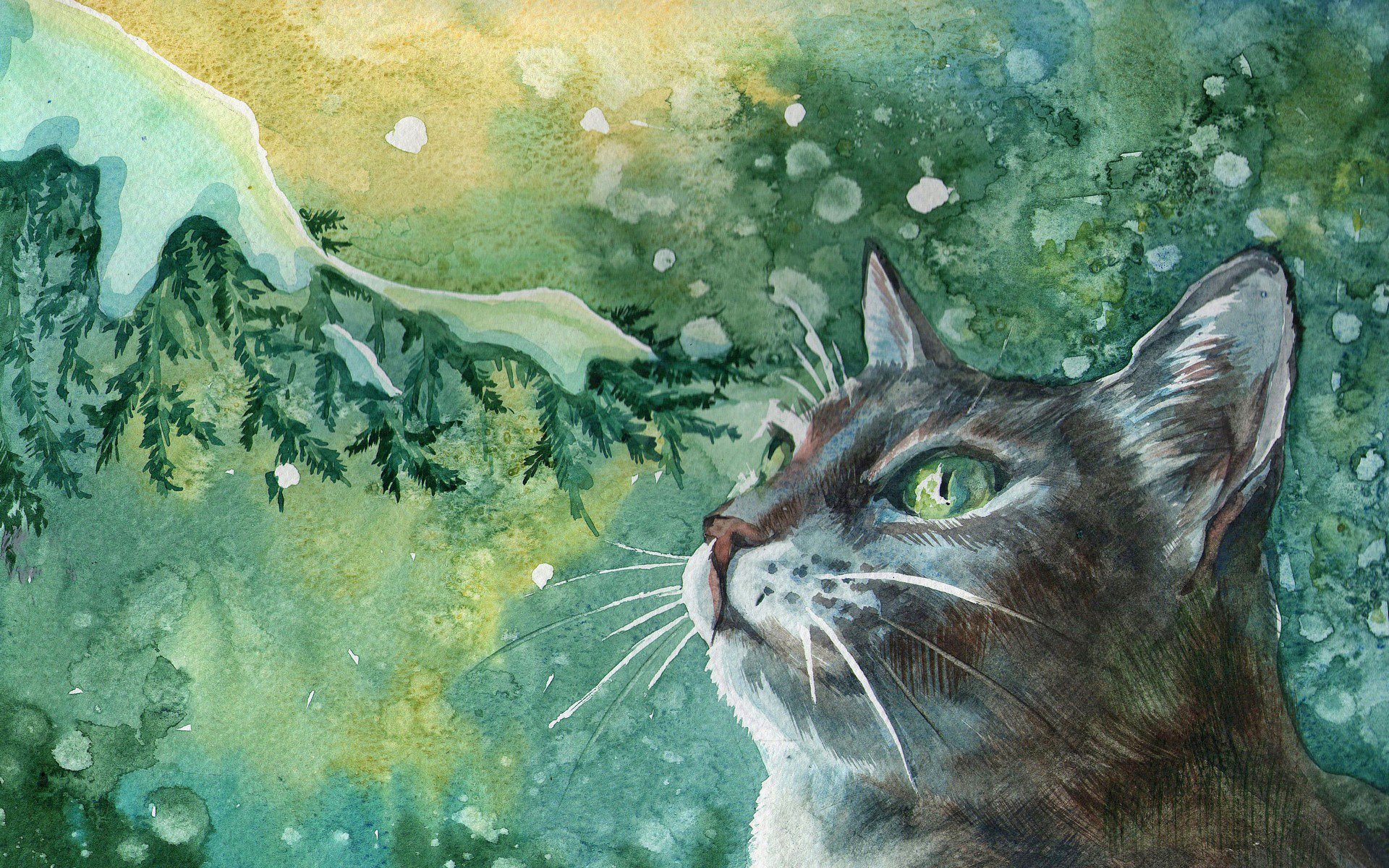 A detailed watercolor illustration of a cat gazing upwards, surrounded by lush greenery and subtle hints of snow, serving as a striking HD desktop wallpaper and background.