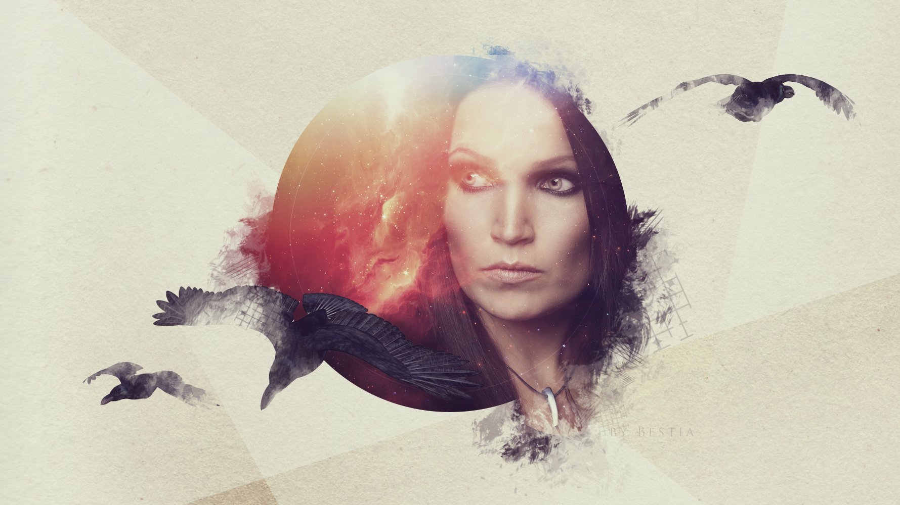 HD PC wallpaper: dramatic portrait of a female symphonic-metal singer inspired by Nightwish, moody red light, ravens circling, textured watercolor and ethereal atmosphere.