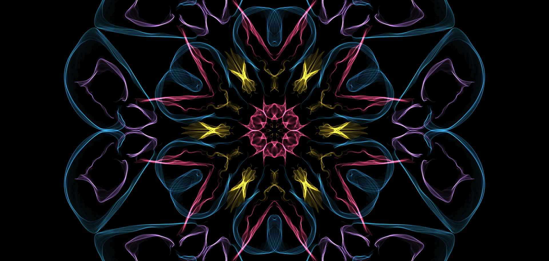 Abstract, artistic HD PC desktop wallpaper featuring a symmetrical, neon-colored mandala design with intricate, glowing patterns in blue, yellow, pink, and black tones.