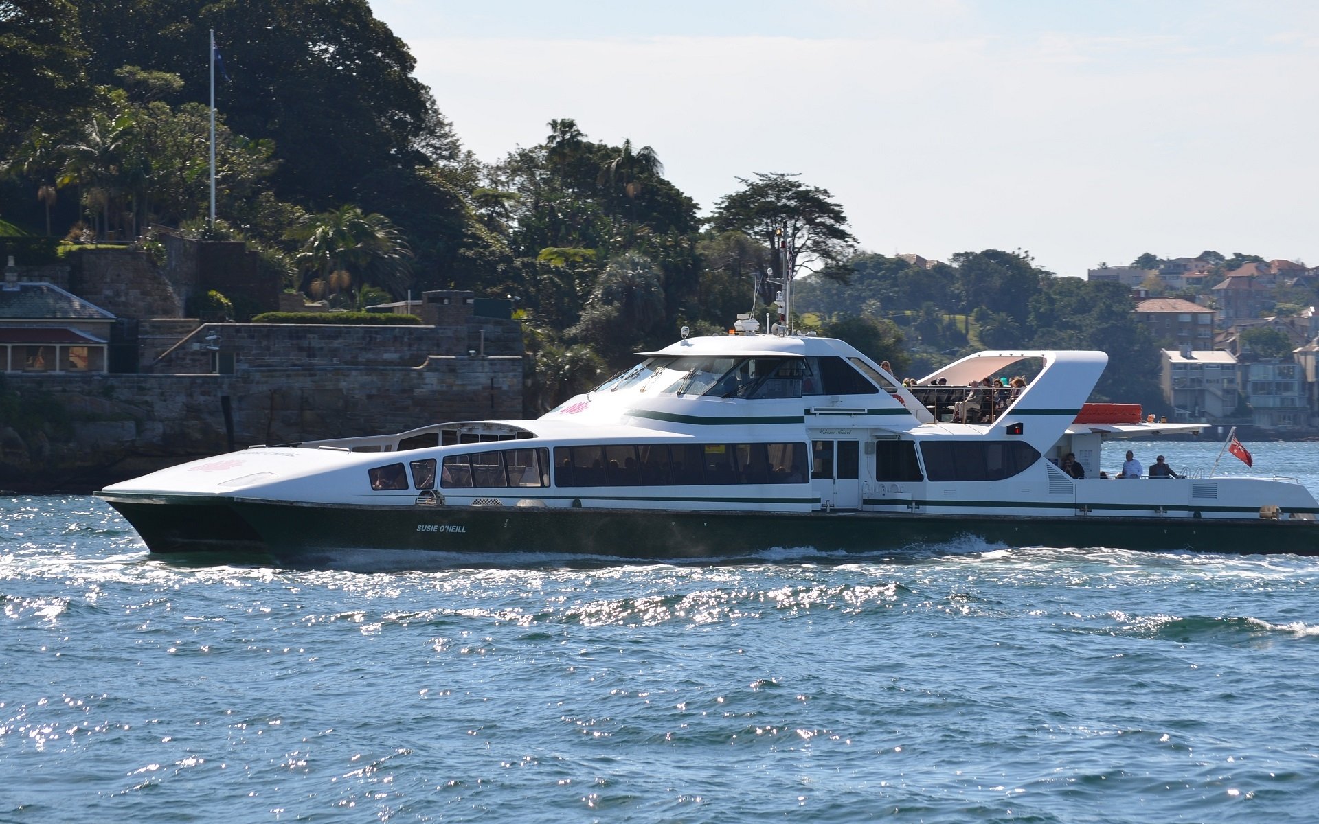 HD desktop wallpaper of a sleek catamaran ferry on Sydney Harbour, Australia, gliding across blue water with leafy shoreline homes.
