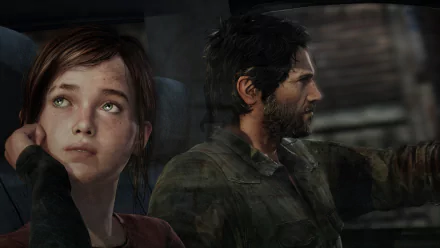 HD desktop wallpaper of characters from the video game The Last of Us. A young girl looks pensively out the window while an older man drives, both appearing serious and focused.