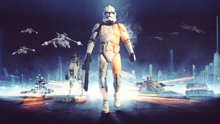 A clone trooper confidently walks forward amid a futuristic battlefield, surrounded by vehicles and aircraft from Star Wars Battlefront (2015), showcasing a vibrant sci-fi scene.