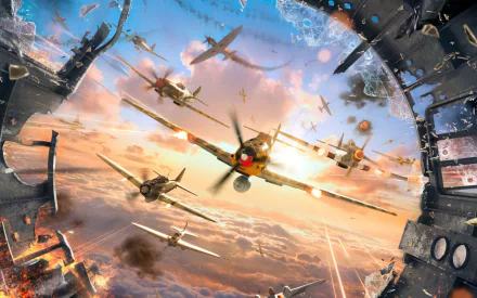 HD PC desktop wallpaper featuring intense aerial combat with multiple airplanes from the video game World of Warplanes soaring through a vibrant sky.