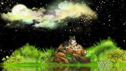 A serene night scene features a majestic wolf resting among colorful flowers, under a luminous moon and twinkling stars, surrounded by lush greenery and soft clouds.