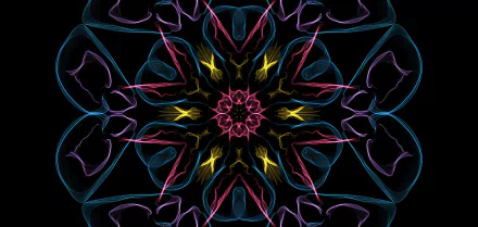 Abstract, artistic HD PC desktop wallpaper featuring a symmetrical, neon-colored mandala design with intricate, glowing patterns in blue, yellow, pink, and black tones.