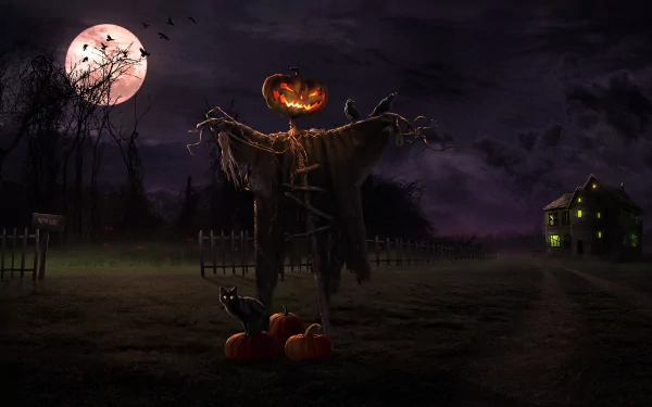 A spooky Halloween scene featuring a scarecrow with a jack-o'-lantern head, surrounded by pumpkins under a full moon, with a shadowy house in the background. HD wallpaper for a chilling holiday vibe.