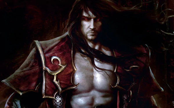 HD PC desktop wallpaper from the video game Castlevania: Lords of Shadow 2 — brooding, long-haired armored vampire with exposed chest and flowing cloak against a dark, shadowy background.