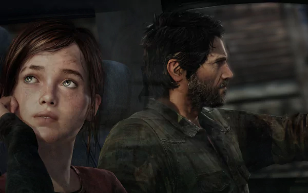HD desktop wallpaper of characters from the video game The Last of Us. A young girl looks pensively out the window while an older man drives, both appearing serious and focused.