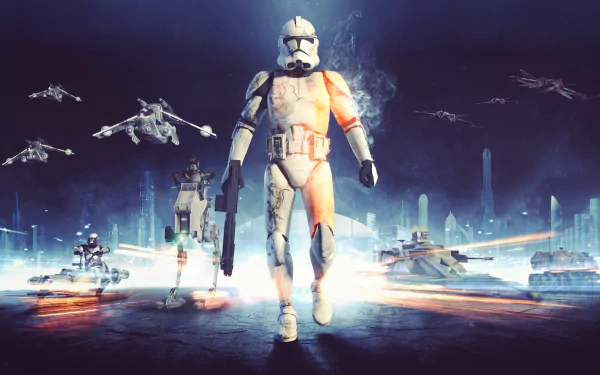 A clone trooper confidently walks forward amid a futuristic battlefield, surrounded by vehicles and aircraft from Star Wars Battlefront (2015), showcasing a vibrant sci-fi scene.