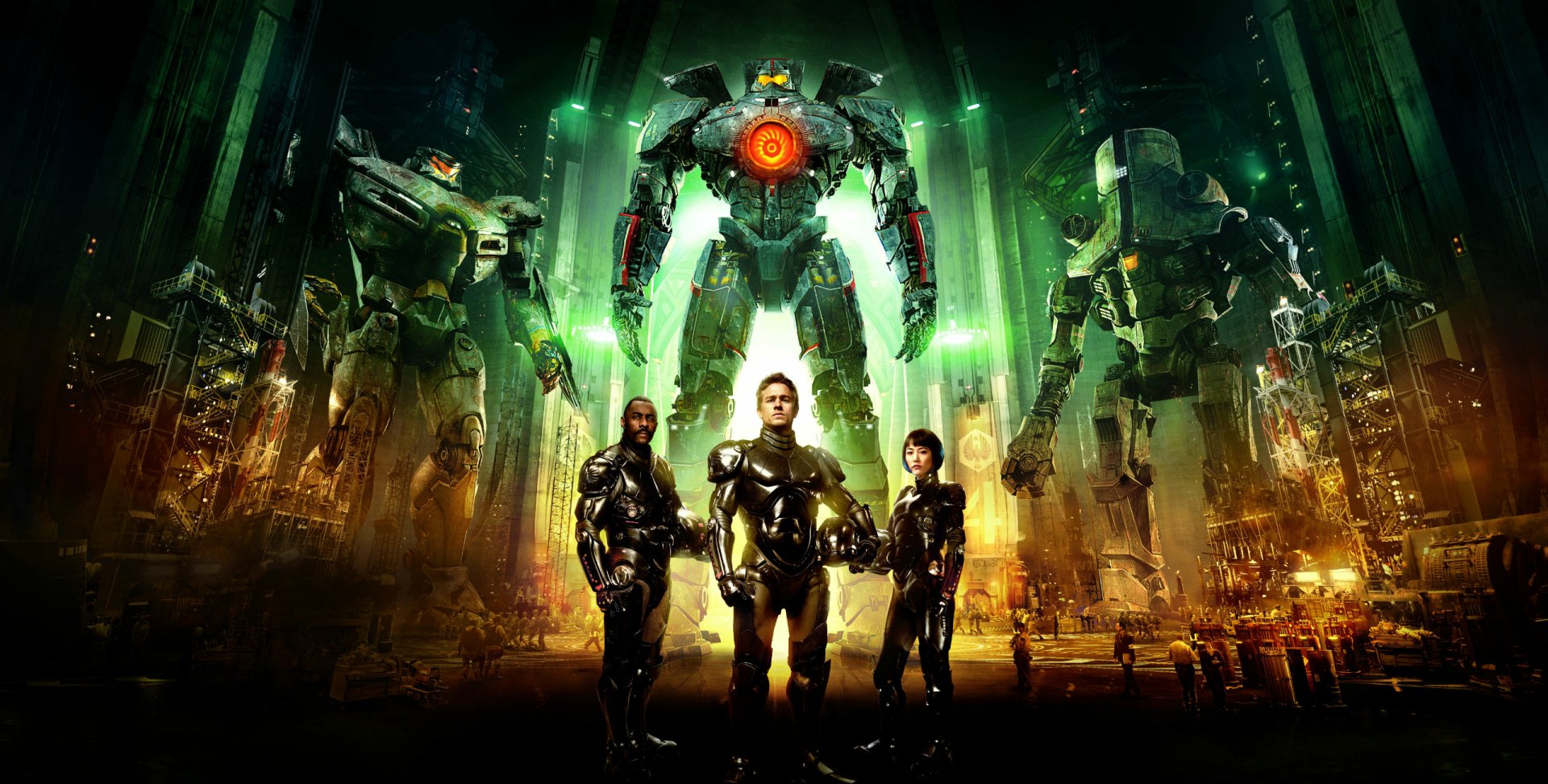 HD desktop wallpaper from the movie Pacific Rim featuring three characters in combat suits standing before a giant robot in a neon-lit hangar.