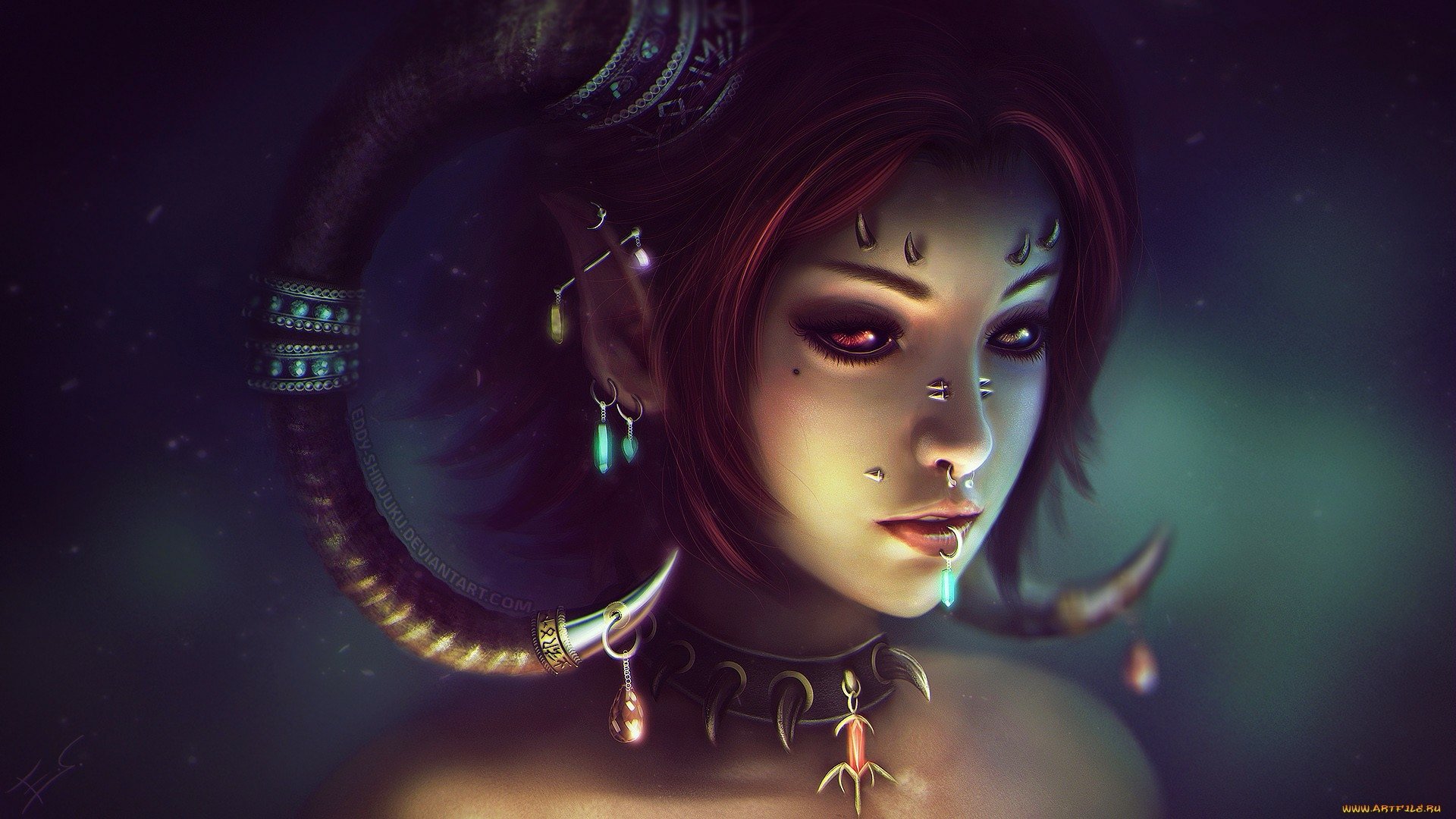 HD desktop wallpaper featuring a fantasy woman with heterochromia, demonic horns, and adorned with various piercings and jewelry.