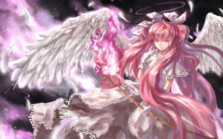 Ultimate Madoka from Puella Magi Madoka Magica features an ethereal scene with pink hues and majestic wings, making it a striking HD desktop wallpaper.