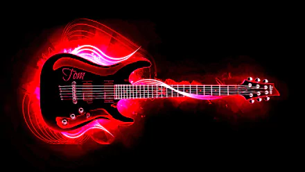 A striking HD desktop wallpaper featuring a black guitar illuminated with vibrant red and swirling musical notes, embodying the spirit of music and creativity.