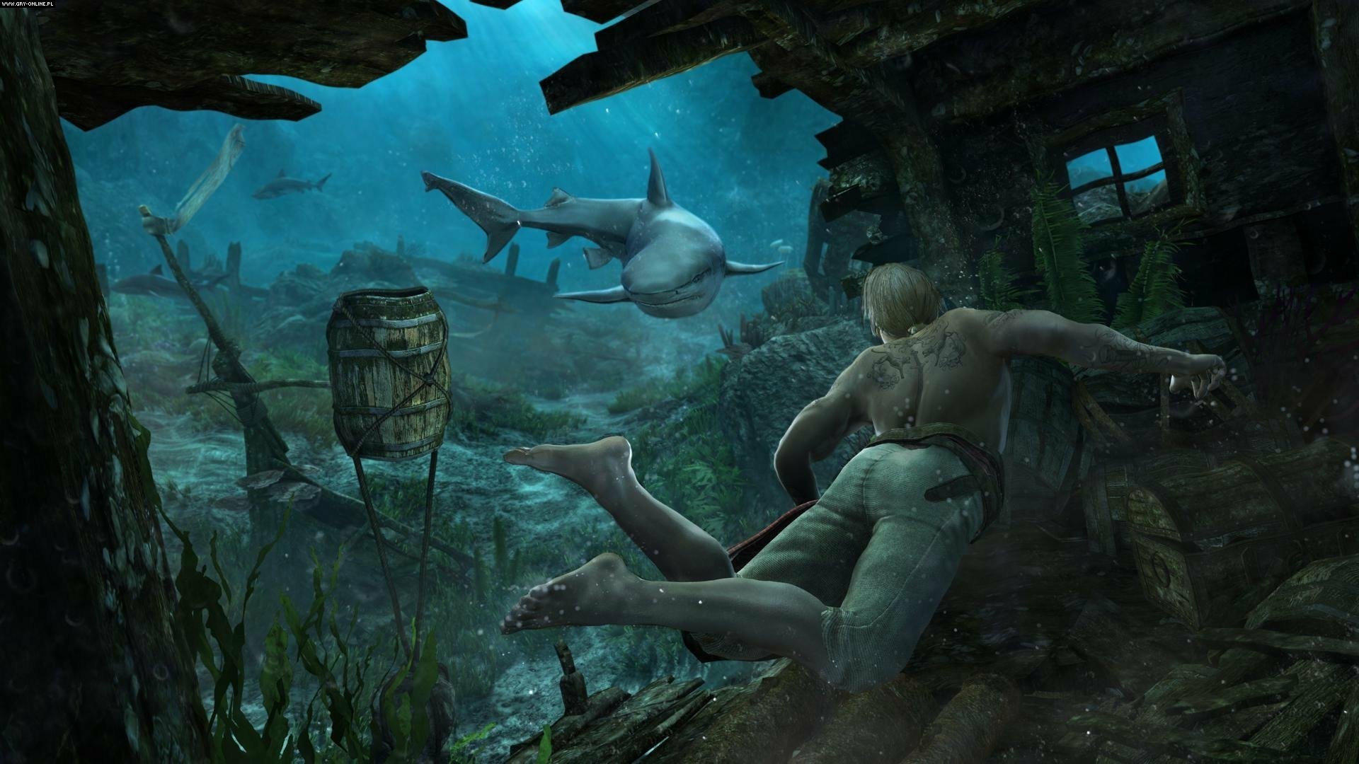 HD PC desktop wallpaper from Assassin's Creed IV: Black Flag featuring an underwater scene with a diver and sharks inside a sunken structure.