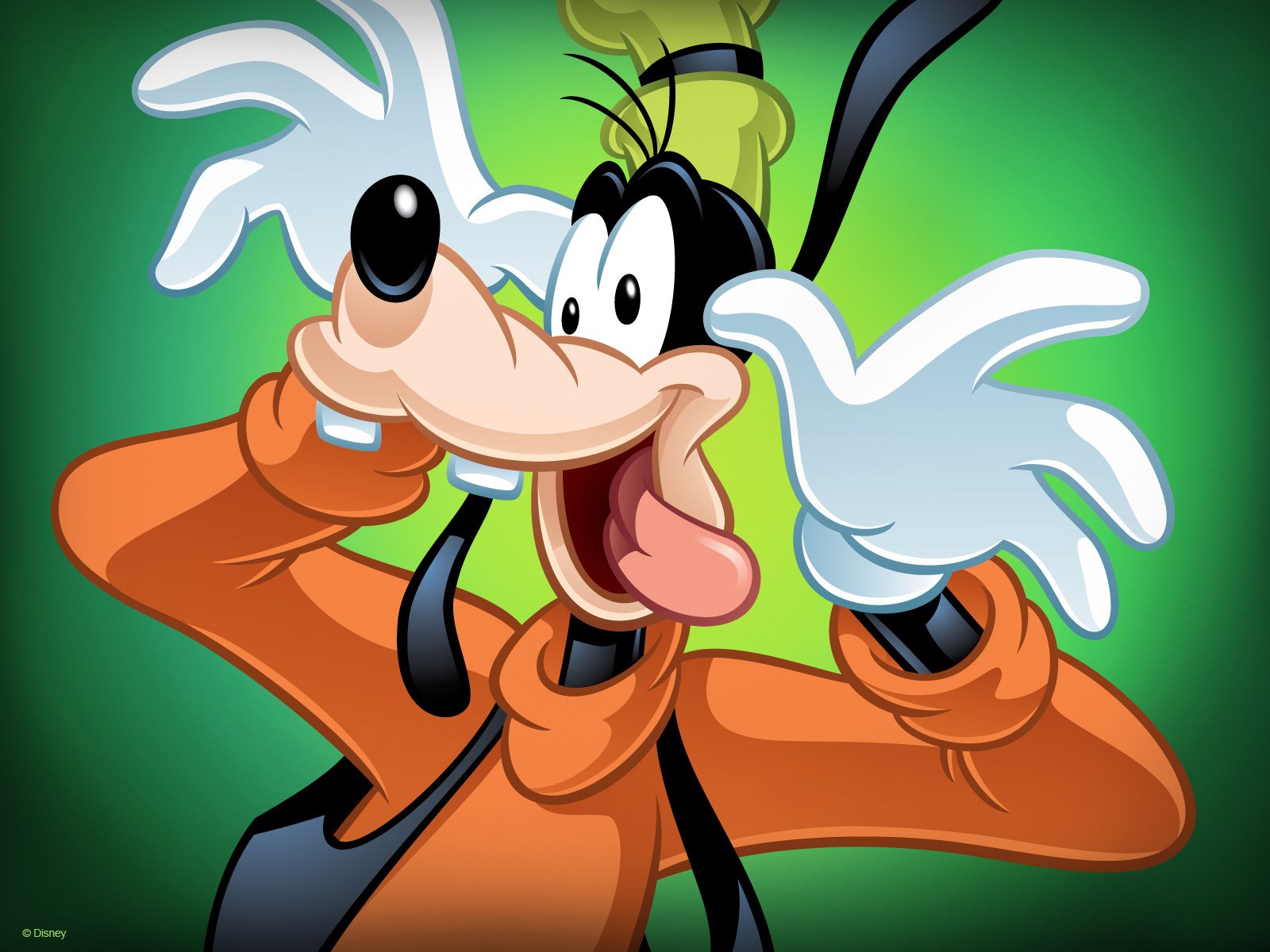 HD PC desktop wallpaper featuring Goofy from the Disney movie, showcasing the character’s playful expression and iconic orange outfit against a green background.