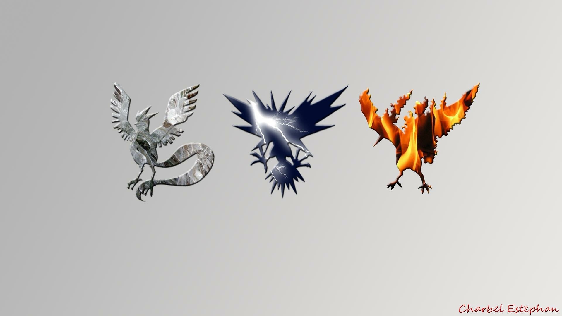HD PC desktop wallpaper featuring stylized silhouettes of the legendary Pokémon Articuno, Zapdos, and Moltres from the video game series.