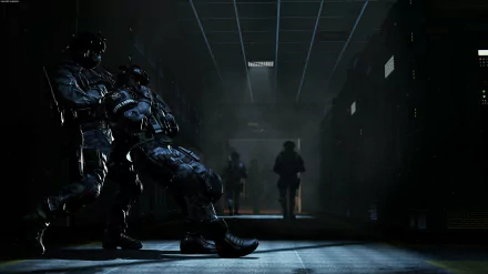A dramatic scene from Call of Duty: Ghosts featuring soldiers in tactical gear within a shadowy corridor, creating an intense atmosphere for this HD desktop wallpaper.